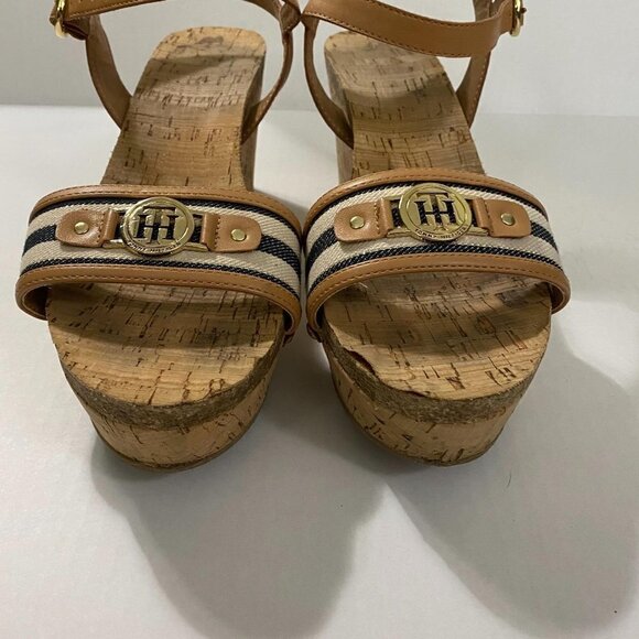 Tommy Hilfiger Women's Twhottie Nautical Logo Stripe Cork Wedge Sandals Size 9.5 - Picture 4 of 12